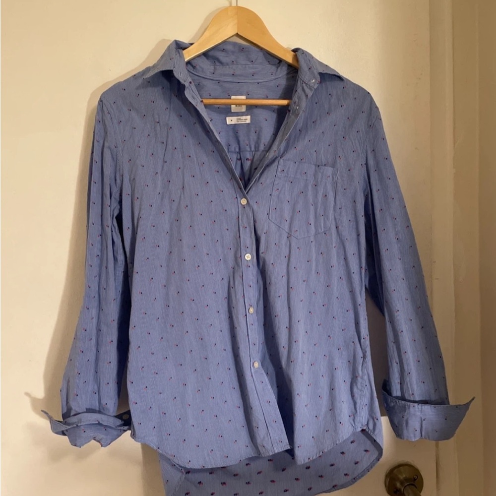 GAP Blue Striped Button-Down with Red & Navy Dot Accent